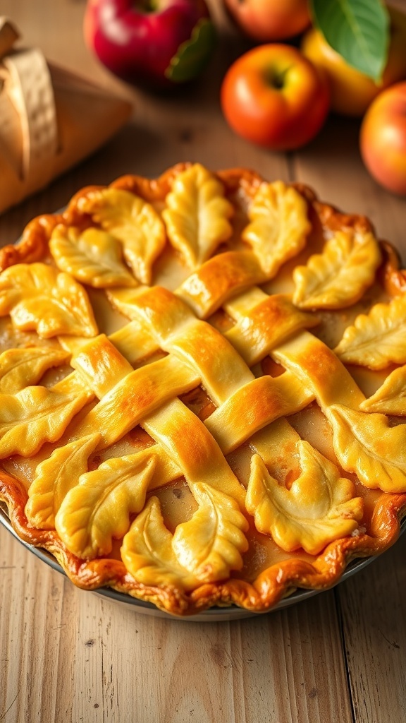 Perfect Pie Crust Decoration Techniques A decorative pie with a lattice crust and leaf cut-outs on a wooden table.